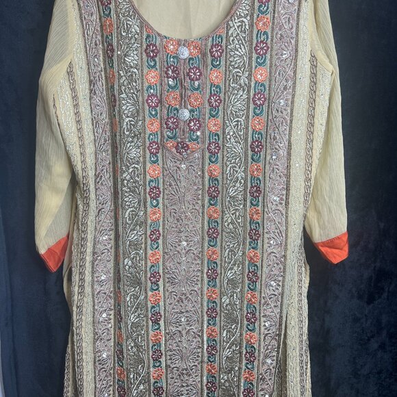 Handmade Beige Long Kaftan Dress Embroidered Sequins Floral Boho Ethnic Wear - Picture 2 of 7